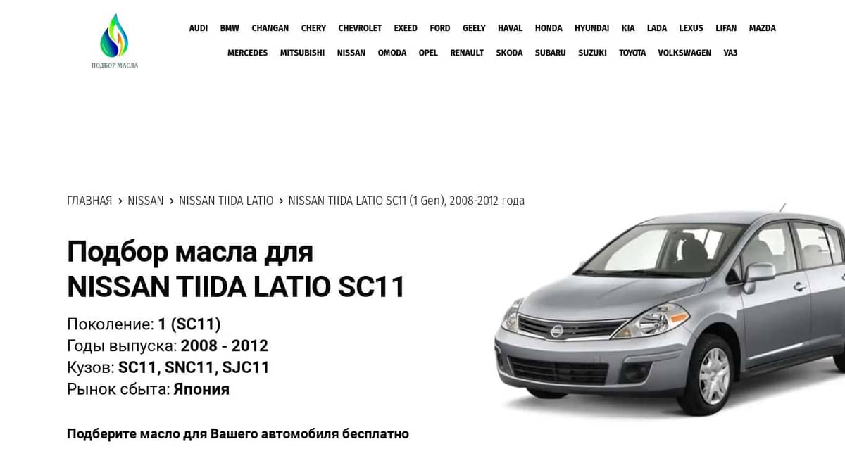 Масла для Nissan Tiida Latio SC11 (1 Gen), 2008-2012 года