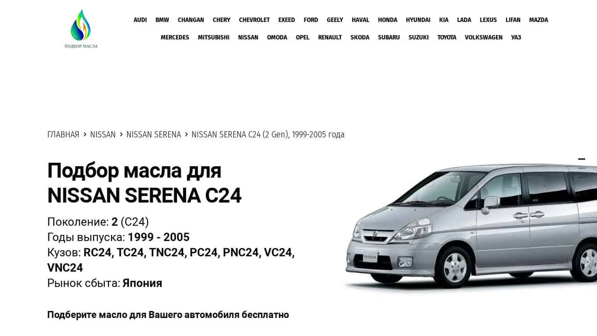 Масла для Nissan Serena C24 (2 Gen), 1999-2005 года