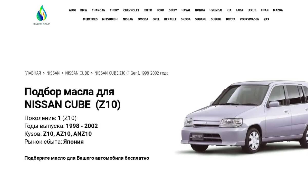 Масла для Nissan Cube Z10 (1 Gen), 1998-2002 года