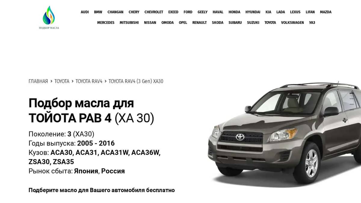 Масла для Toyota RAV4 (XA30) - Тойота РАВ 4 (ХА 30)