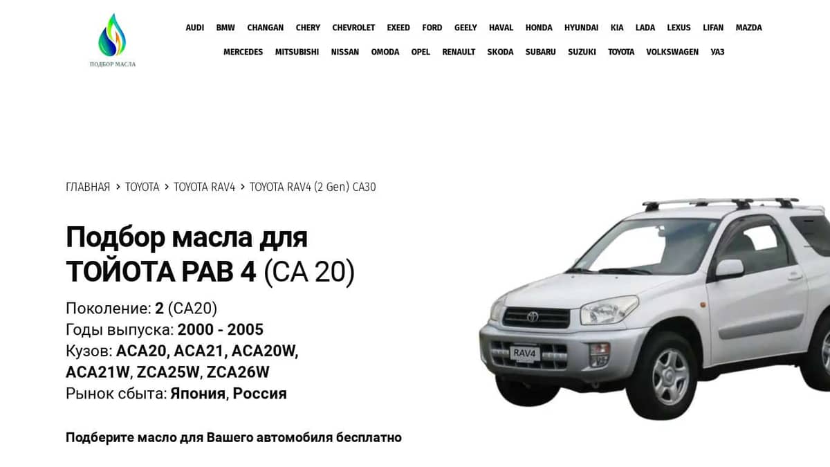 Масла для Toyota RAV4 (CA20) - Тойота РАВ 4 (СА 20)