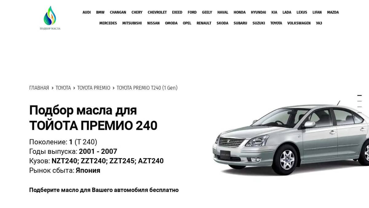 Масла для Тойота Премио 240 - Toyota Premio T240