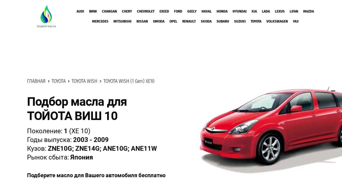 Масла для Тойота Виш 10 - Toyota Wish XE10