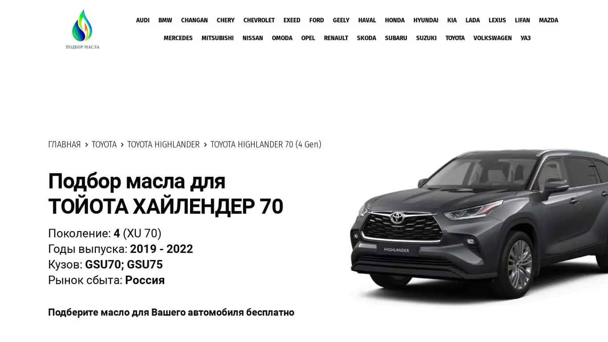 Масла для Тойота Хайлендер 70 (4 поколения), 2019 - 2022