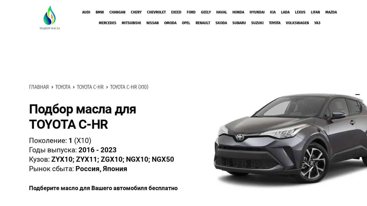 Масла для Toyota C-HR, 2016 - 2023 года - Toyota CHR