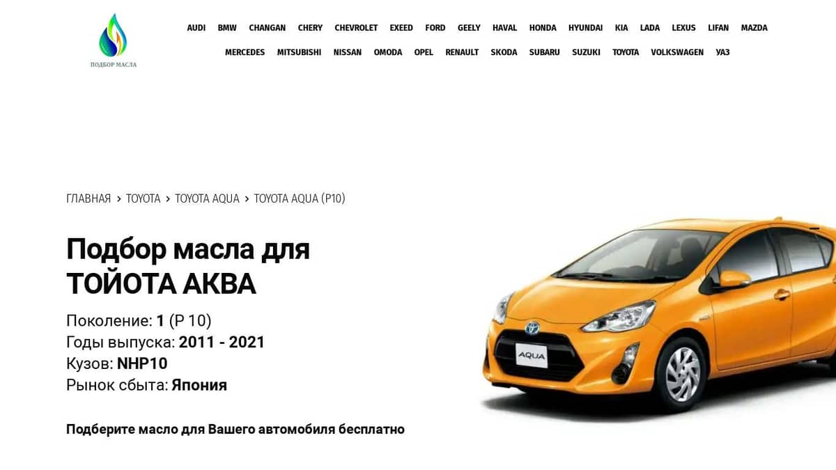 Масла для Тойота Аква, 2011 - 2021 года - Toyota Aqua