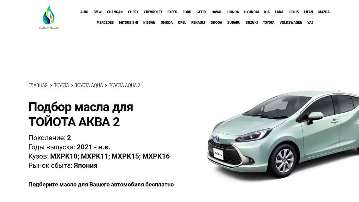 Масла для Тойота Аква 2, 2021 - н.в. - Toyota Aqua 2