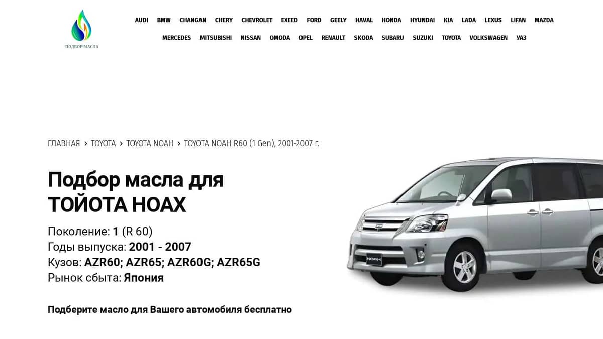 Масла для Тойота Ноах 60 (1 Gen) 2001-2007 года - Toyota Noah R60