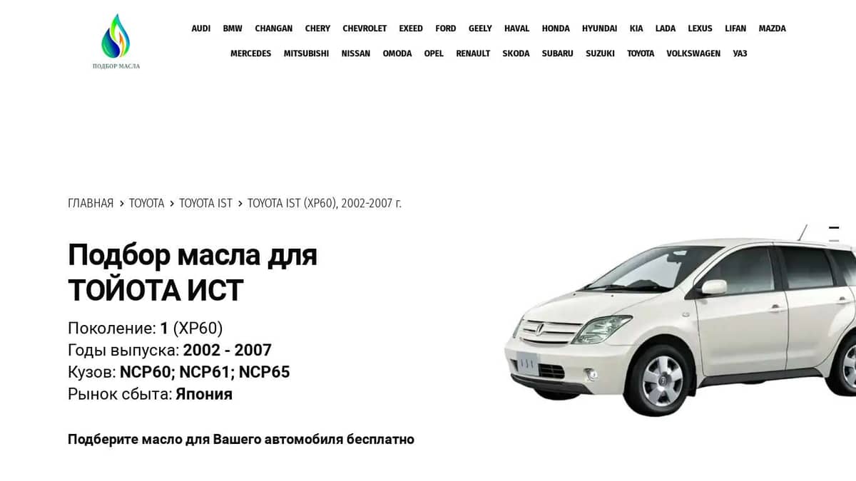 Масла для Тойота Ист, 2002-2007 - Toyota IST XP60