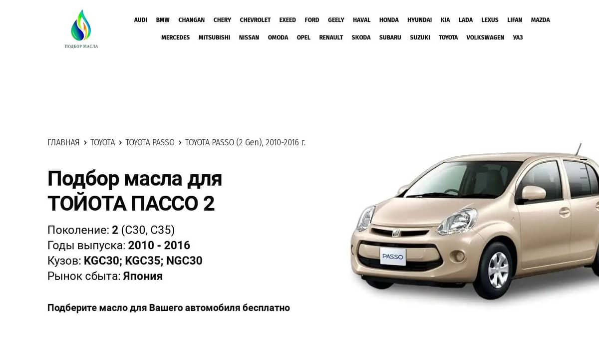 Масла для Тойота Пассо, 2010 - 2016 - Toyota Passo 2