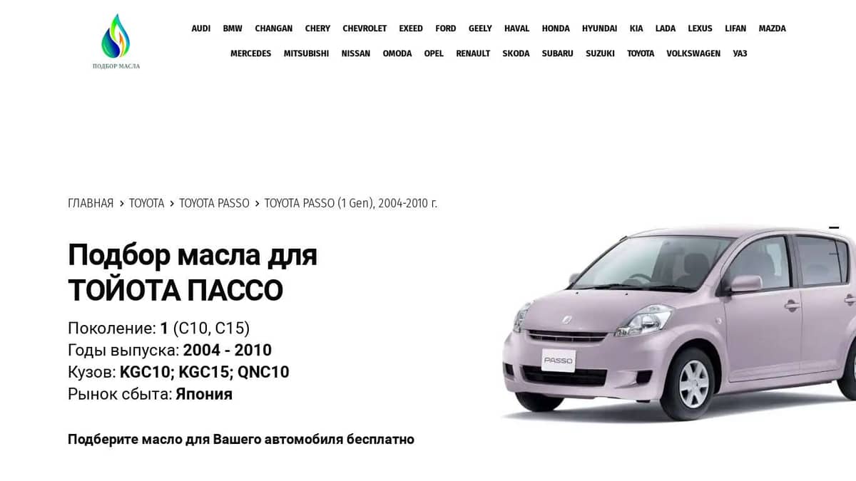 Масла для Тойота Пассо, 2004 - 2010 - Toyota Passo