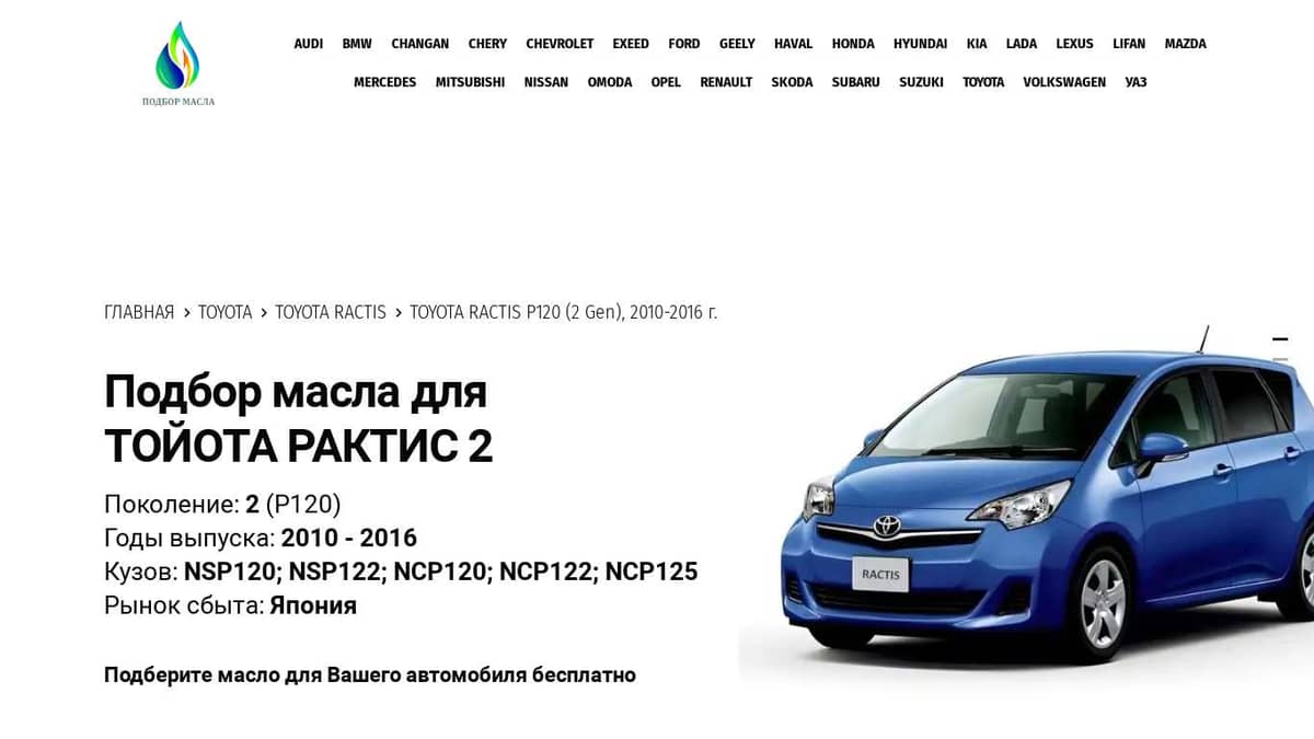 Масла для Тойота Рактис, 2010 - 2016 - Toyota Ractis 2