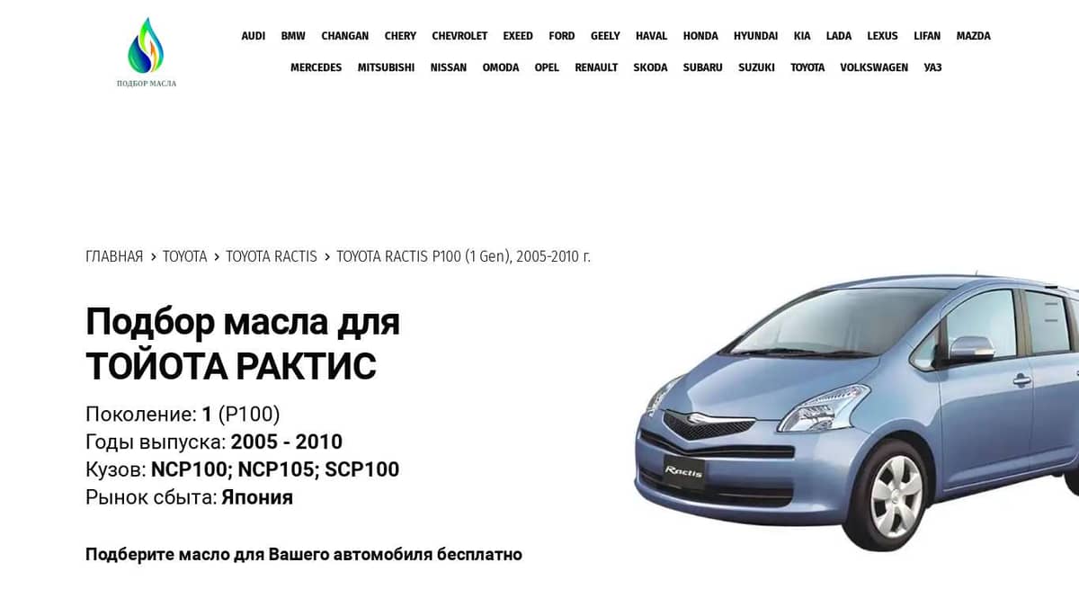 Масла для Тойота Рактис, 2005 - 2010 - Toyota Ractis