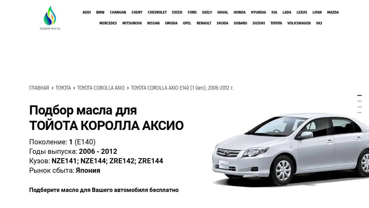 Масла для Тойота Королла Аксио 2006-2012 года - Toyota Corolla Axio E140