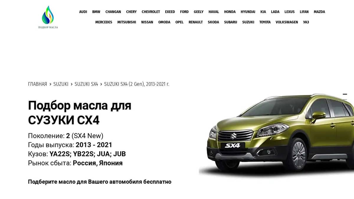 Масла для Сузуки СХ4, 2013 - 2021 - Suzuki SX4 (2 Gen)