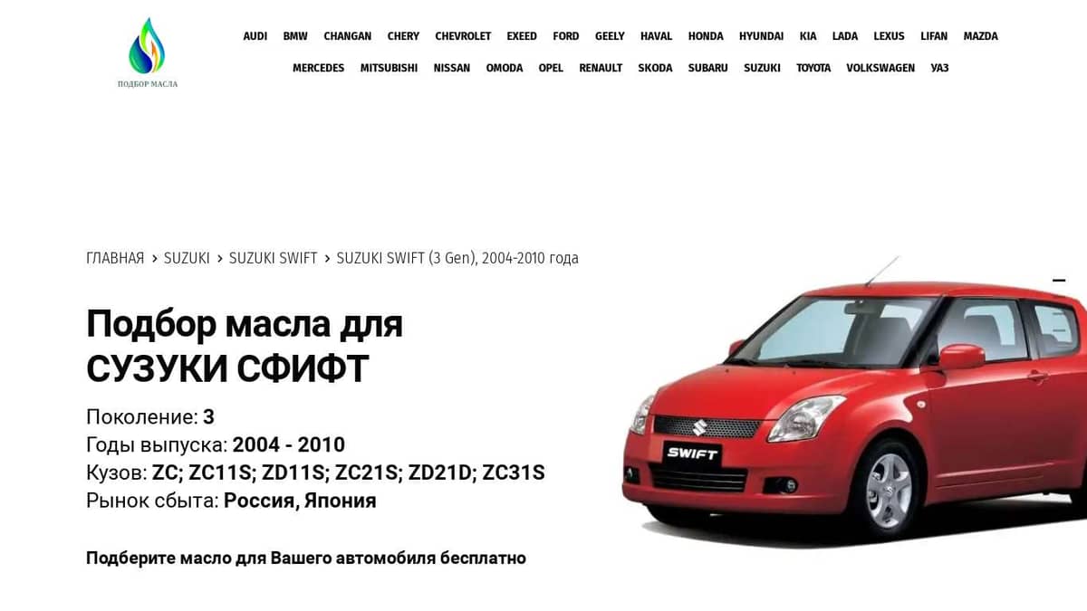 Масла для Сузуки Свифт, 2004 - 2010 г. - Suzuki Swift (3 Gen)