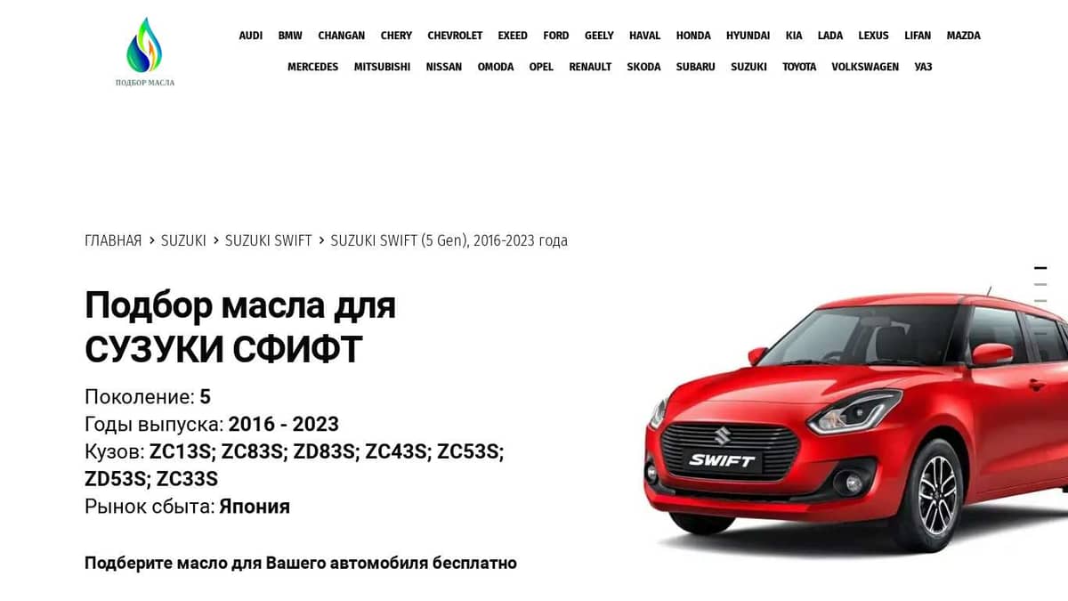 Масла для Сузуки Свифт, 2016 - 2023 г. - Suzuki Swift (5 Gen)